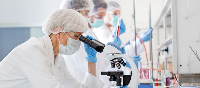 A researcher looks into a microscope while other researchers work in the background